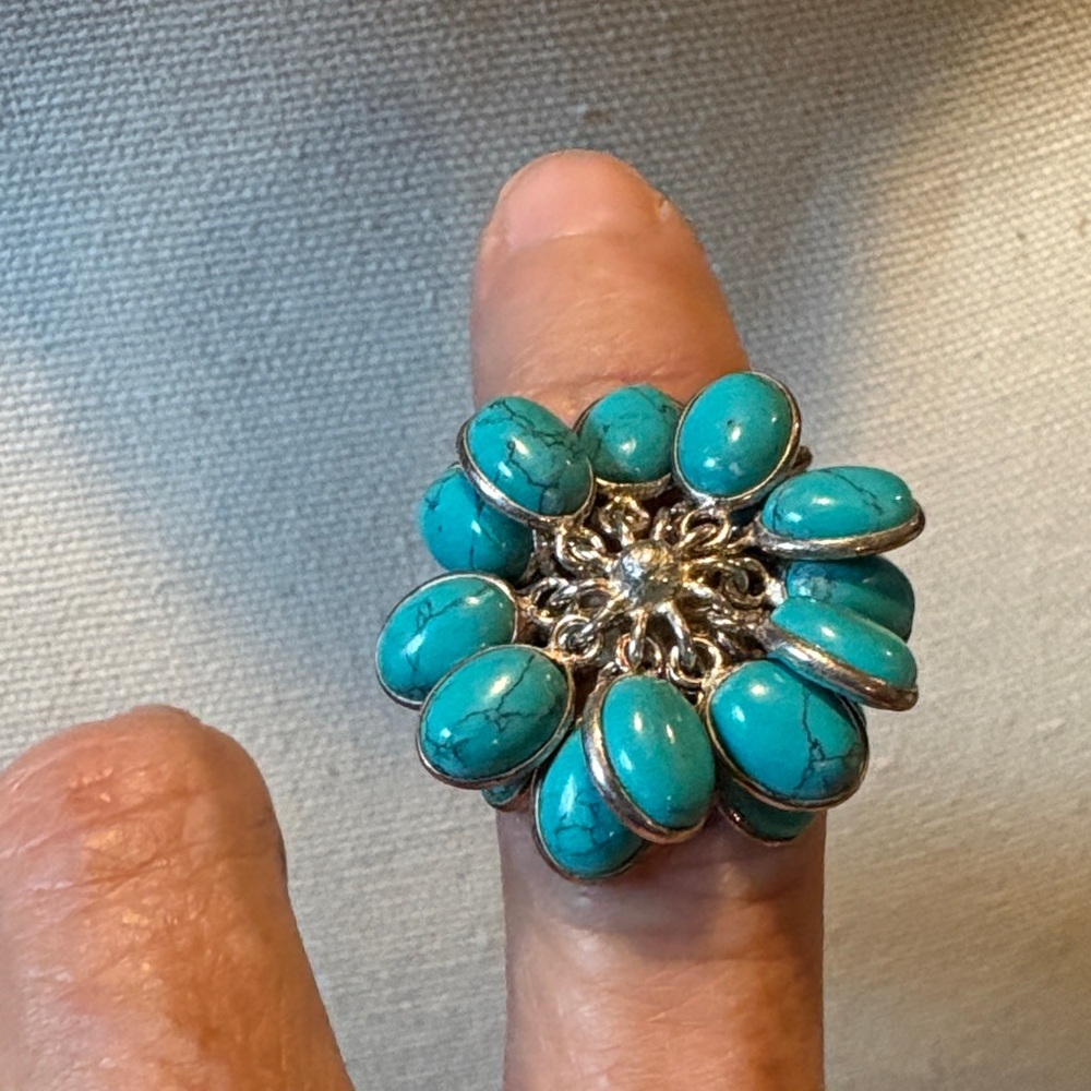 Turquoise Cluster .925 Silver Ring - image 3